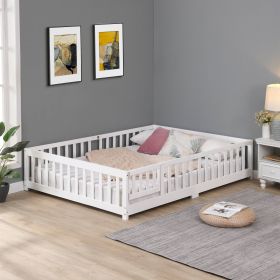 Queen Size Floor Bed with Door, Solid Wood Platform Bed Frame with Fence, Suitable for children, Pine Wood (Color: White)