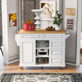 Kitchen cart with Rubber wood desktop rolling mobile kitchen island with storage and 5 draws -53 Inch length (Color: White, Material: MDF)